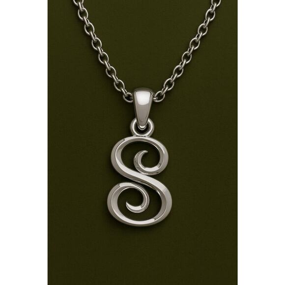 Letter Script Initial Necklace in Sterling Silver – Free 18 Inch Cable Chain - Picture 4 of 5